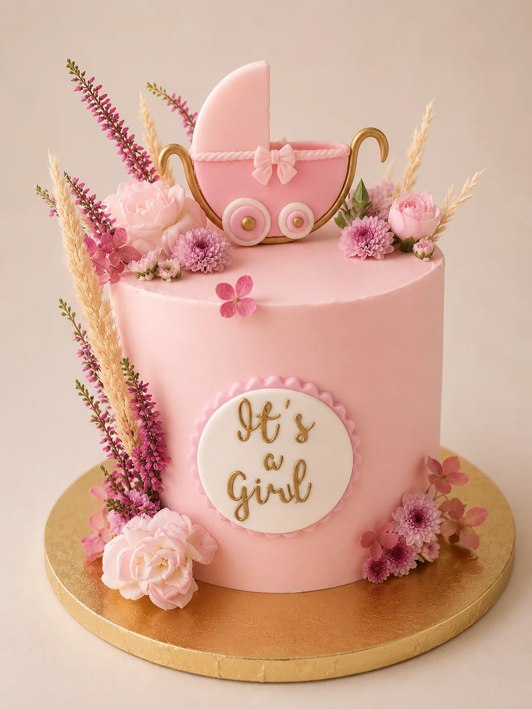 Różowy tort baby shower z wózkiem i kwiatami